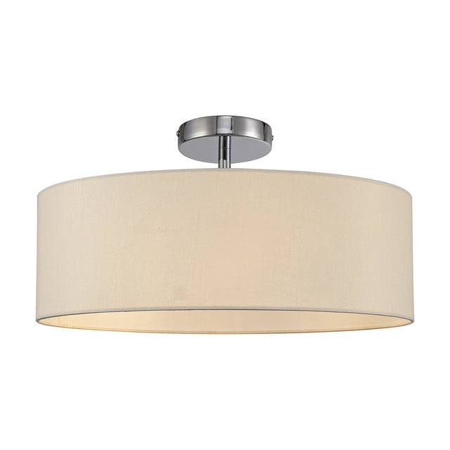 Baymont 3 Light Semi Flush ceiling light with a wide ivory faux silk drum shade and polished chrome ceiling mount, shown against a plain white background.
