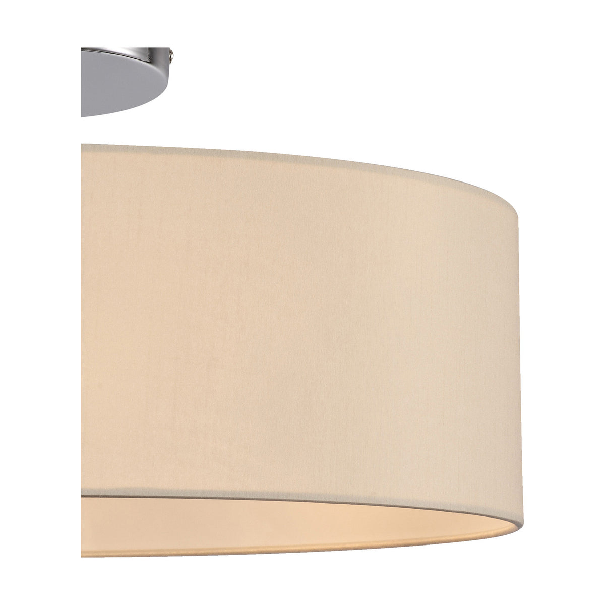 Close-up of the Baymont 3 Light Semi Flush ceiling light, showing an ivory faux silk drum shade with polished chrome ceiling mount, against a plain white background.