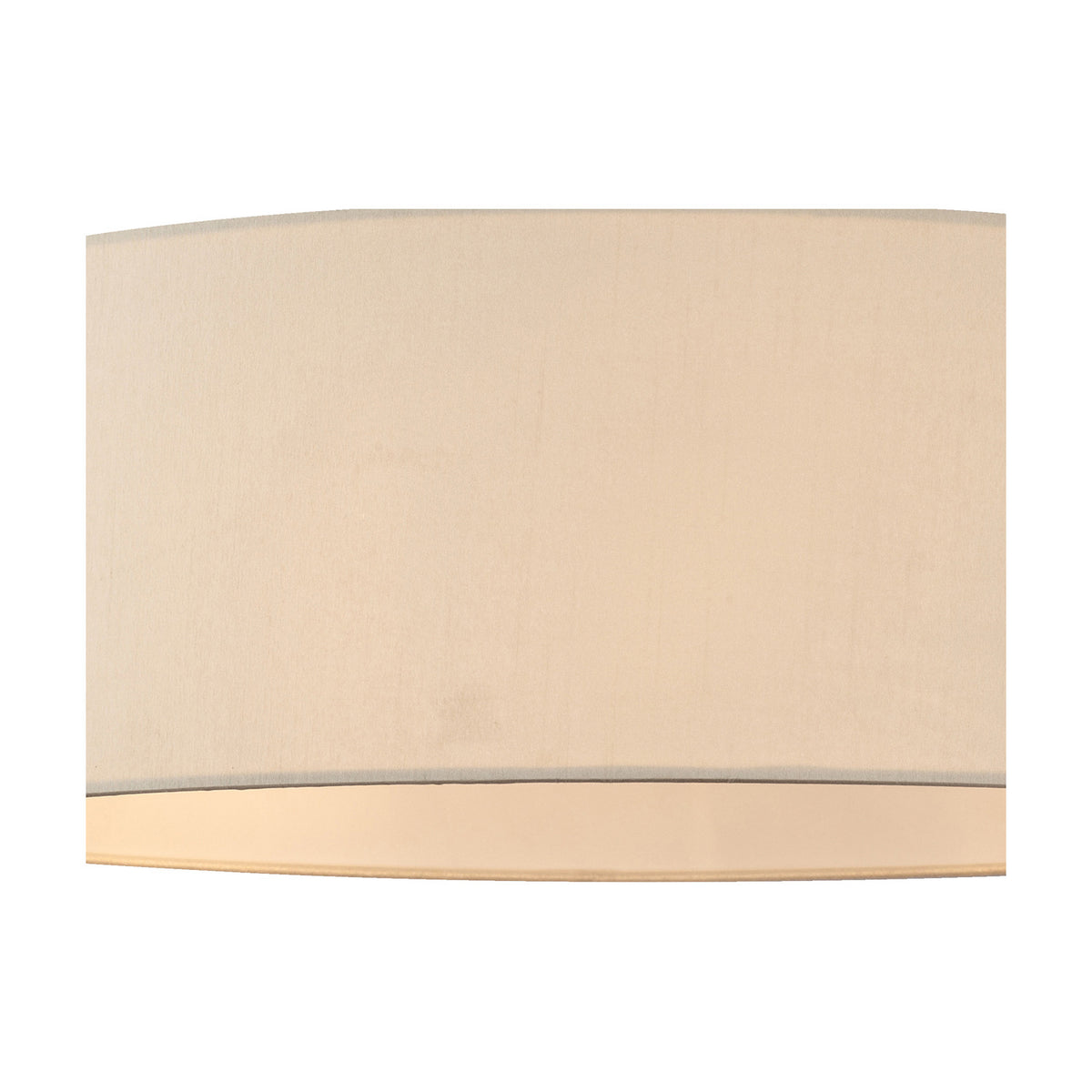 Close-up of the Baymont 3 Light Semi Flush ceiling light showing the ivory faux silk drum shade with white laminate lining and polished chrome fitting, on a plain background.