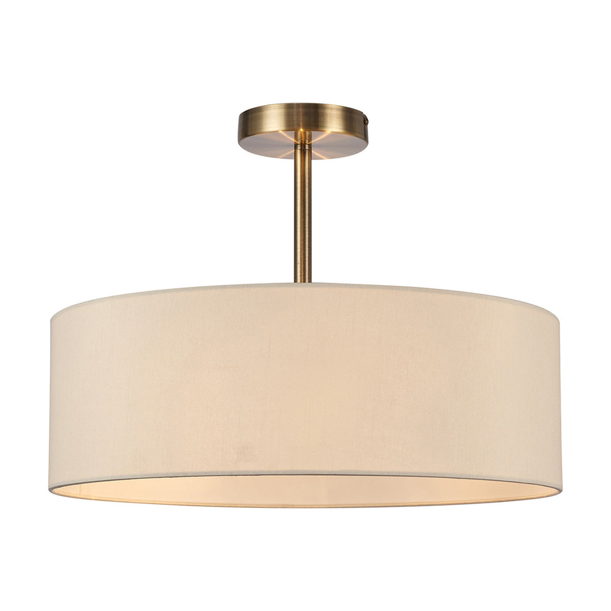 Baymont 3 Light Semi Flush ceiling light with an ivory drum fabric shade on an antique brass frame and ceiling mount, shown on a plain white background.