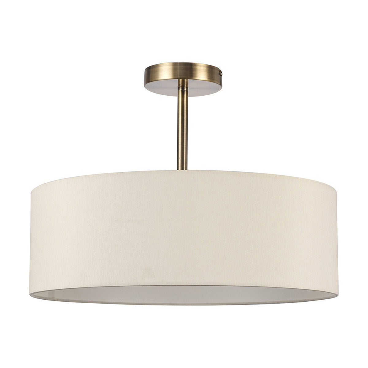 Baymont 3 Light Semi Flush ceiling light with a shallow ivory drum fabric shade on an antique brass ceiling rod and mount, shown on a plain white background.