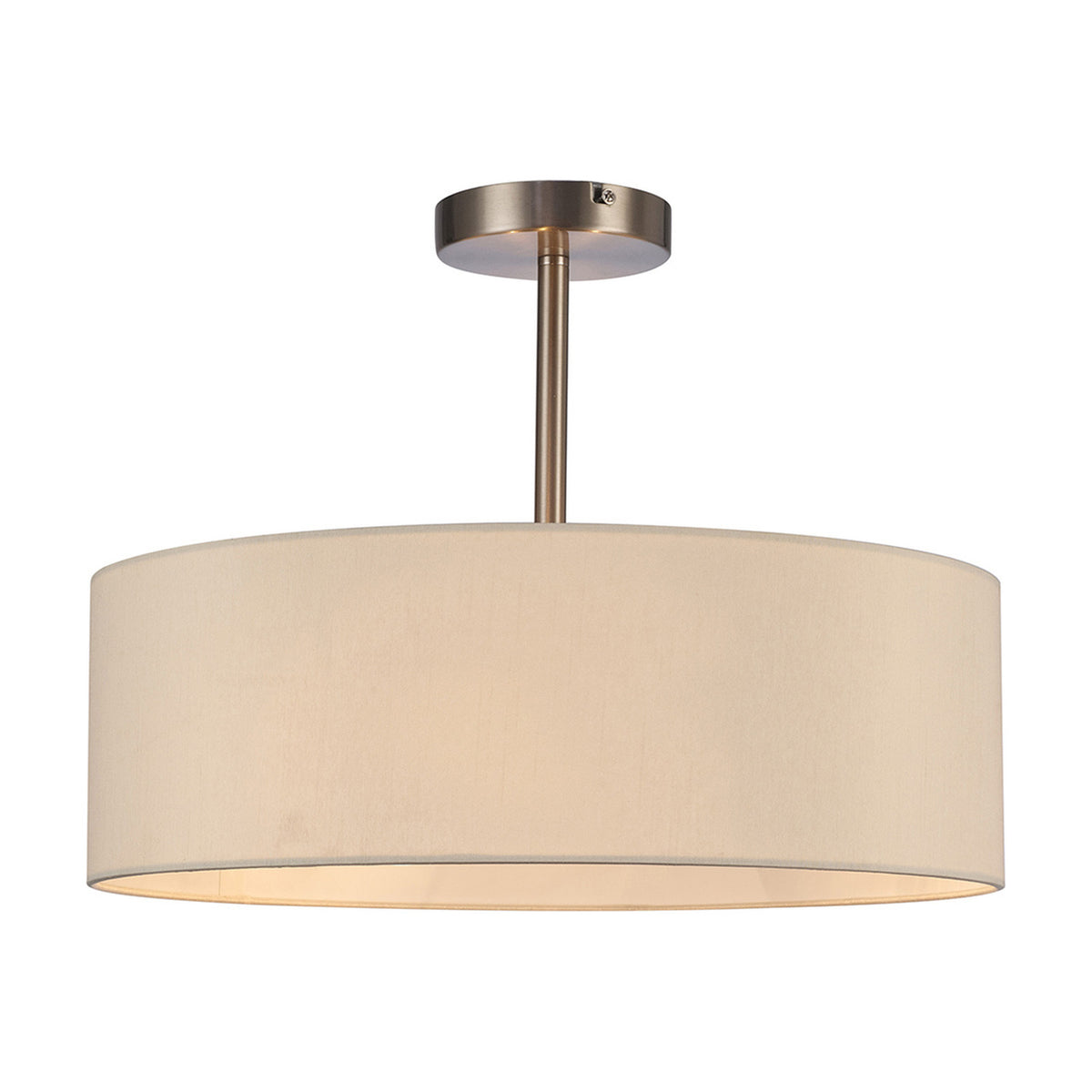 Baymont E27 3-light semi-flush ceiling light with a wide 45cm ivory faux-silk drum shade on a satin nickel ceiling mount, shown on a plain white background.