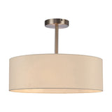 Baymont E27 3-light semi-flush ceiling light with a wide 45cm ivory faux-silk drum shade on a satin nickel ceiling mount, shown on a plain white background.