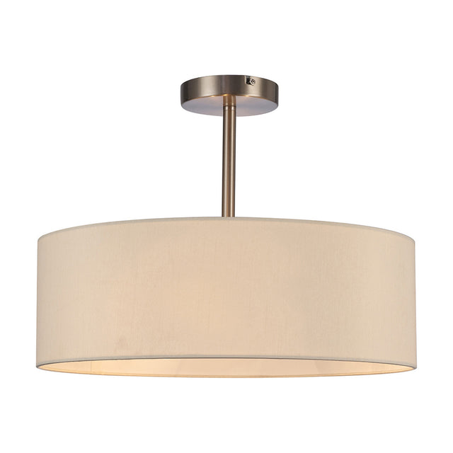 Baymont E27 3-light semi-flush ceiling light with a wide 45cm ivory faux-silk drum shade on a satin nickel ceiling mount, shown on a plain white background.