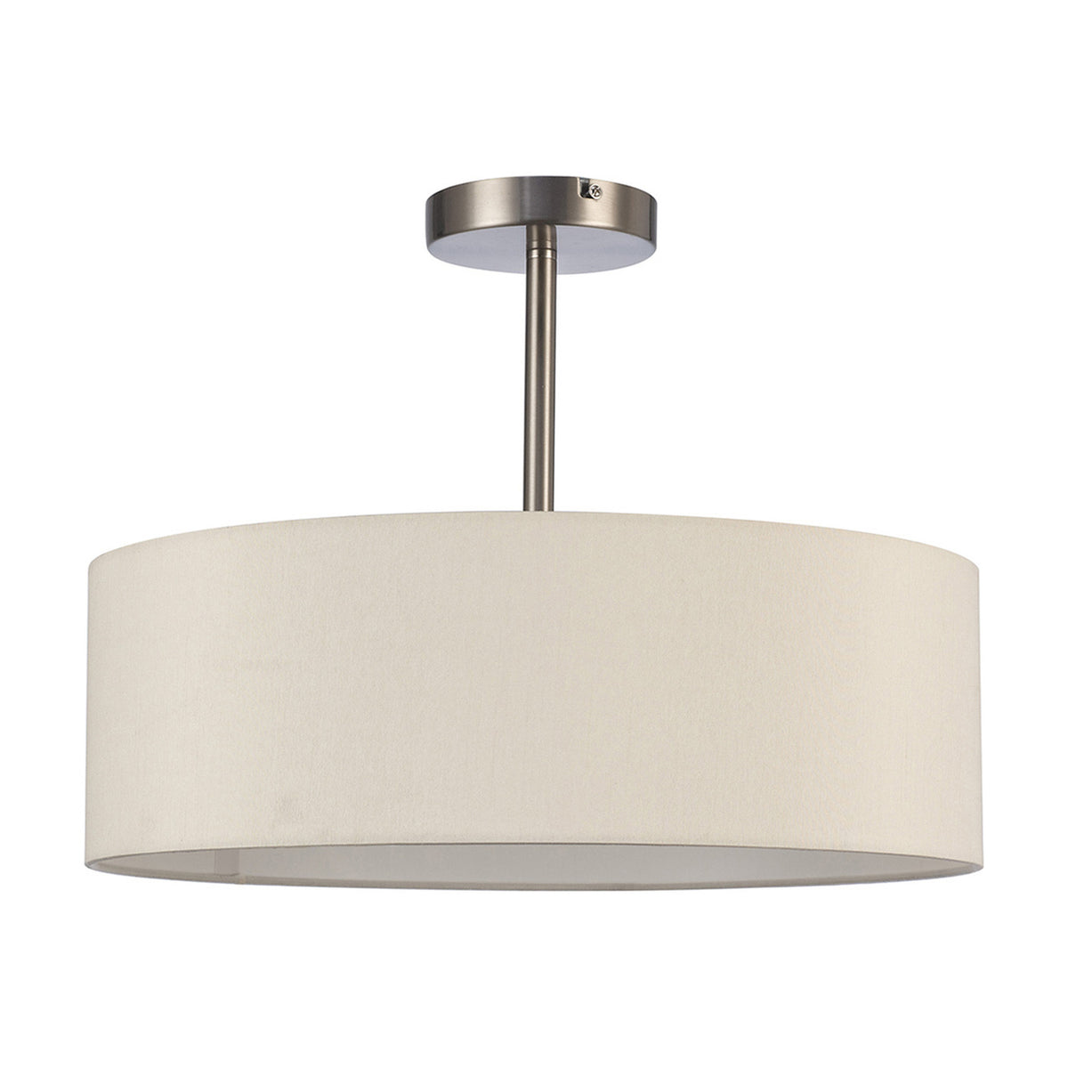 Baymont semi-flush ceiling light with a wide 45cm ivory faux silk drum shade on a satin nickel ceiling plate and stem, holding three E27 lamps, shown on a plain white background.