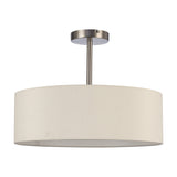 Baymont semi-flush ceiling light with a wide 45cm ivory faux silk drum shade on a satin nickel ceiling plate and stem, holding three E27 lamps, shown on a plain white background.