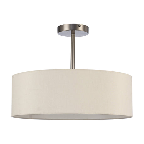 Baymont semi-flush ceiling light with a wide 45cm ivory faux silk drum shade on a satin nickel ceiling plate and stem, holding three E27 lamps, shown on a plain white background.