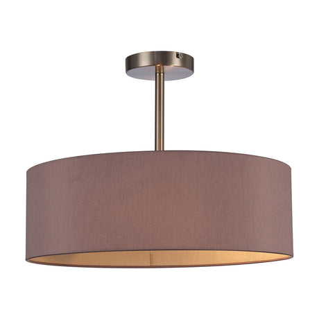 Baymont 3 Light E27 semi-flush ceiling light with a wide, shallow taupe drum shade and gold-lined interior on a satin nickel stem, shown against a plain white background.