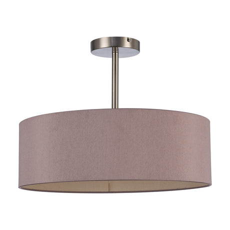 Baymont 3 Light E27 Semi Flush Ceiling Light, a wide taupe faux silk drum shade with gold inner lining on a satin nickel frame and stem, shown on a white background.