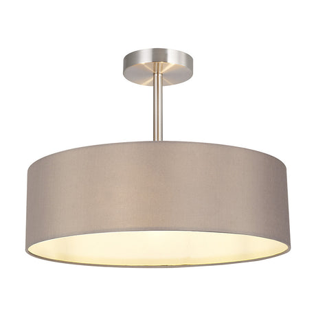 Baymont 3 Light Semi Flush Ceiling Light, 45cm grey fabric drum shade on a satin nickel rod and frame, shown against a plain white background.