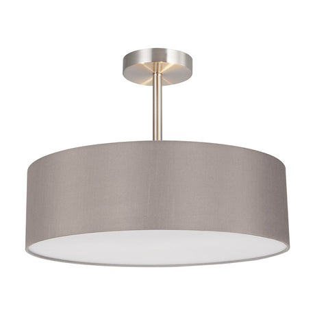 Baymont 3 Light Semi Flush Ceiling Light with grey faux silk drum shade, white diffuser, and satin nickel frame, shown on a plain white background.