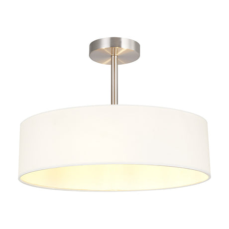 Baymont 3 Light E27 semi-flush ceiling light with a wide white faux silk drum shade on a satin nickel frame and stem, shown on a plain white background.