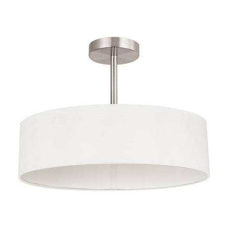 Baymont 3 Light E27 semi-flush ceiling light with a wide white faux silk drum shade on a satin nickel frame, shown on a plain white background.
