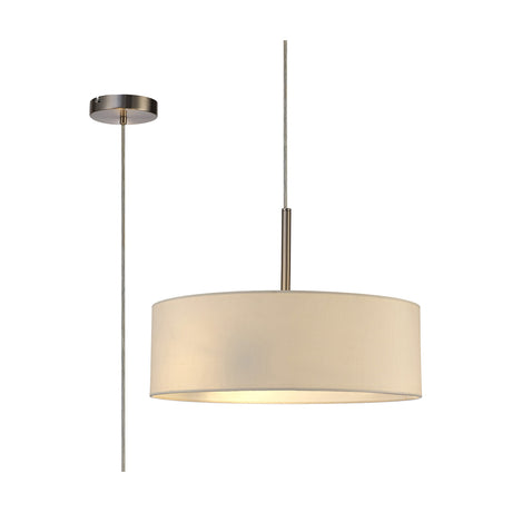 Baymont 3 Light E27 pendant light with a 45cm ivory pearl faux silk drum shade, satin nickel ceiling cup and suspension rods, shown on a plain white background.