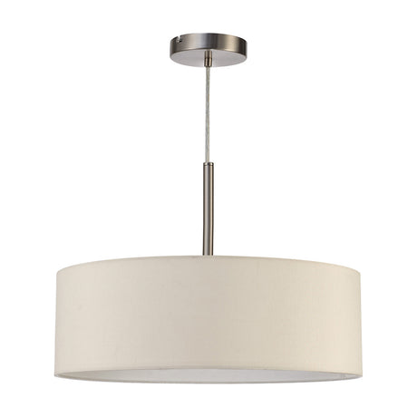 Baymont 3 Light E27 Pendant Light, 45cm ivory pearl fabric drum shade with satin nickel suspension rod and ceiling cup, shown on a plain white background.