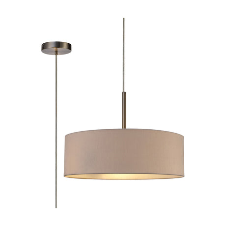 Baymont 3 Light E27 Pendant Light, 45cm wide drum shade in nude beige fabric with satin nickel suspension rod and ceiling rose, shown on a plain white background.