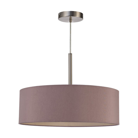 Baymont 3 Light E27 Pendant Light in 45cm taupe fabric drum shade with satin nickel ceiling rose and rod suspension, shown on a plain white background.