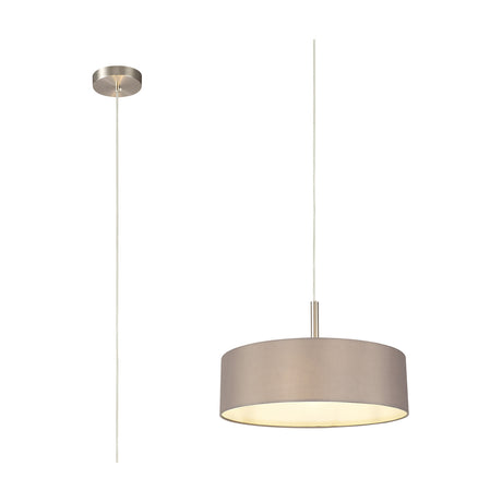 Baymont 3 Light E27 Pendant Light in grey, 45cm faux silk drum shade suspended on three flexes from a satin nickel ceiling plate, shown on a plain white background.