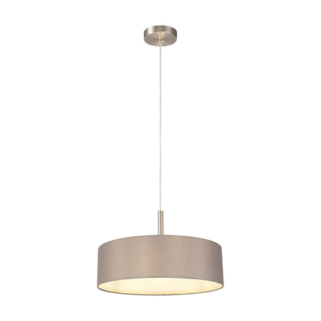 Baymont 3 Light E27 pendant light with satin nickel ceiling plate and cord, suspending a wide 45cm grey fabric drum shade, shown on a plain white background.