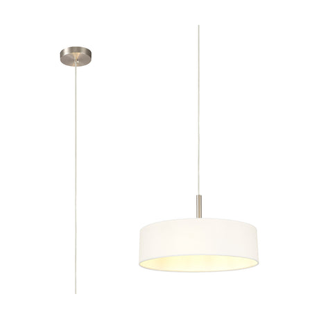 Baymont 3 Light E27 Pendant Light, 45cm white fabric drum shade with satin nickel suspension and ceiling rose, shown against a plain white background.