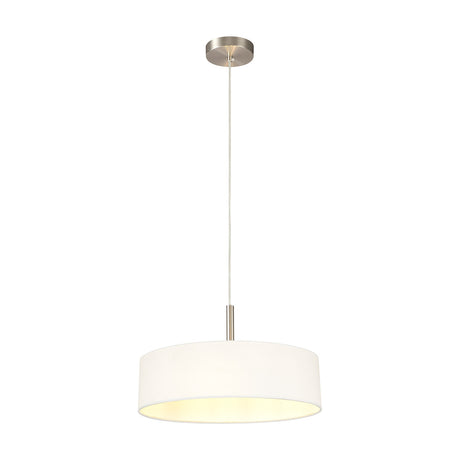 Baymont 3 Light E27 Pendant Light, a 45cm white fabric drum shade on a satin nickel suspension and ceiling rose, shown lit against a plain white background.