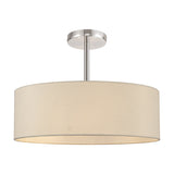 Baymont 5 Light Semi Flush ceiling light with an ivory faux silk drum shade, 45cm dia, on a polished chrome frame, shown on a plain white background.