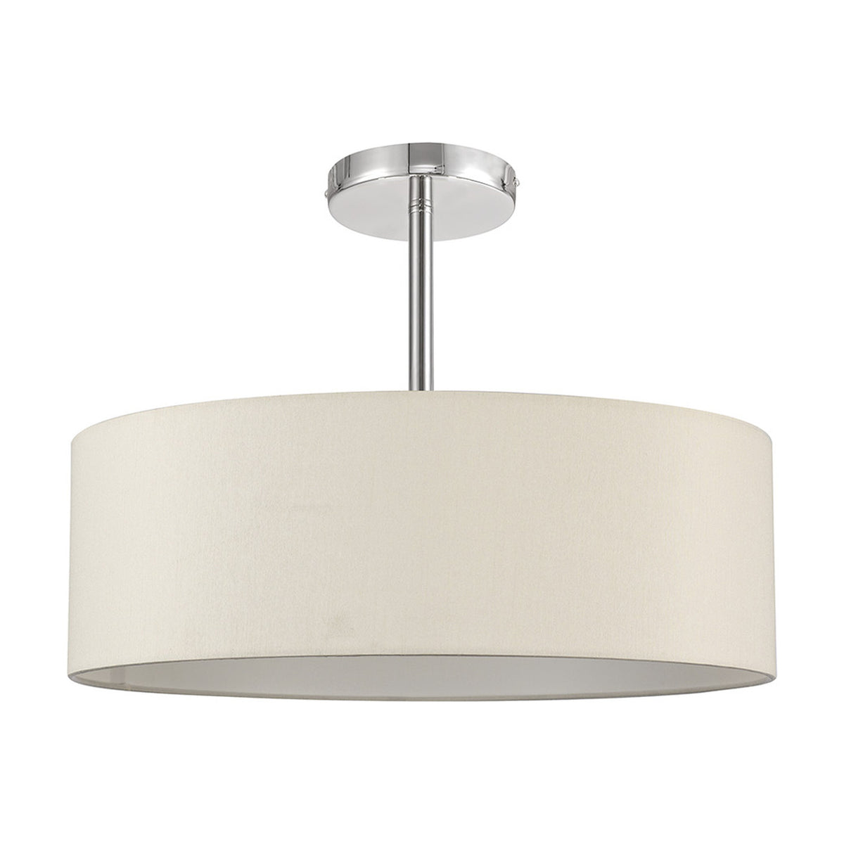 Baymont 5 Light Semi Flush ceiling light with wide ivory faux silk drum shade and polished chrome frame, 45cm diameter, on a plain white background.