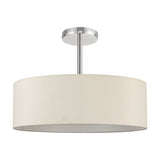 Baymont 5 Light Semi Flush ceiling light with wide ivory faux silk drum shade and polished chrome frame, 45cm diameter, on a plain white background.