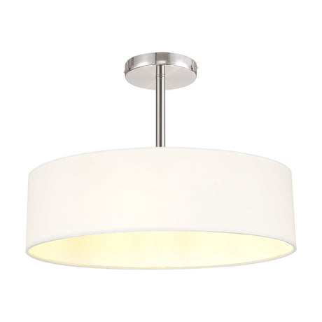 Baymont 5 Light Semi Flush Ceiling Light with a wide white faux silk drum shade and polished chrome stem and ceiling plate, shown on a plain white background.