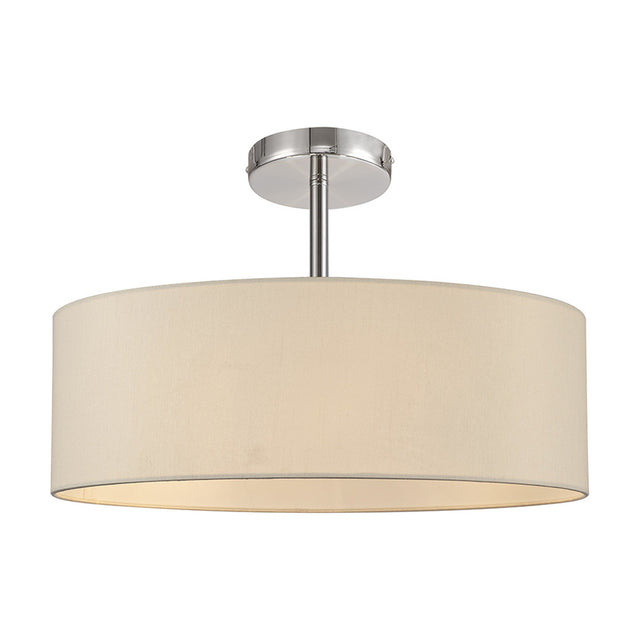 Baymont 5 Light Semi Flush ceiling light with an ivory faux silk drum shade and polished chrome fitting on a short stem, shown on a plain white background.