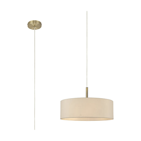 Baymont 5-light pendant with a wide 45cm ivory pearl drum shade and antique brass ceiling rose, shown with full drop cable on a plain white background.