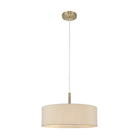Baymont 5 Light Pendant, 45cm wide drum shade in ivory pearl faux silk with antique brass ceiling rose and stem, shown on a plain white background.