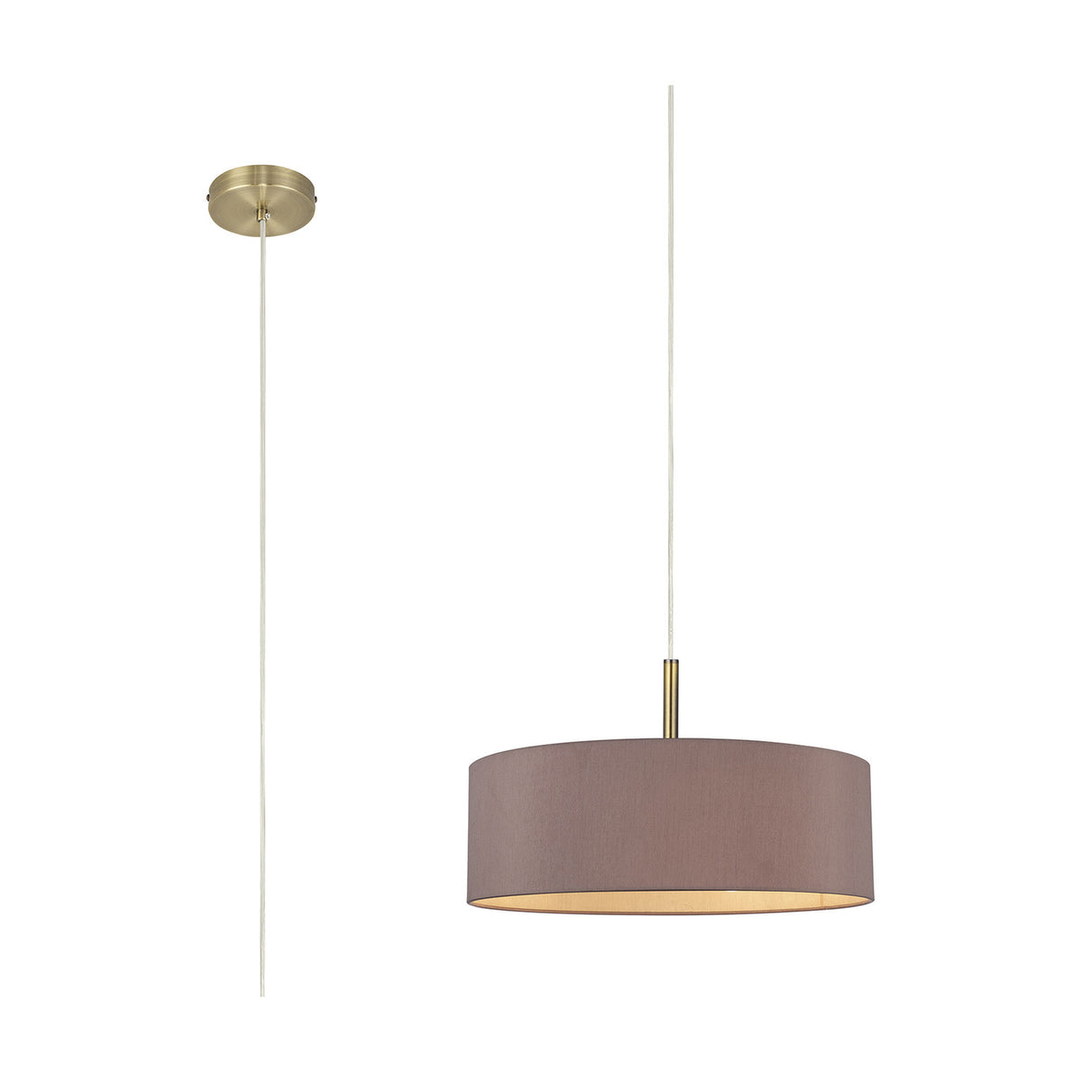 Baymont 5 Light E27 Pendant Light with round taupe fabric drum shade, gold interior lining and antique brass ceiling rose and stem, shown on a white background.