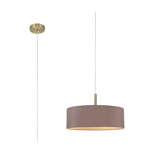 Baymont 5 Light E27 Pendant Light with round taupe fabric drum shade, gold interior lining and antique brass ceiling rose and stem, shown on a white background.