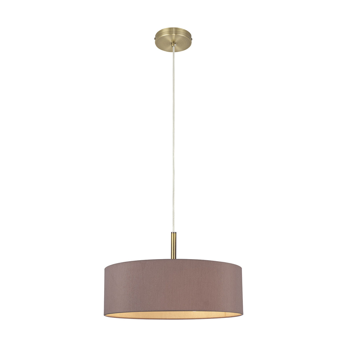 Baymont 5 Light E27 pendant light with a 45cm taupe fabric drum shade, gold interior lining, and antique brass ceiling rose and stem, shown on a plain white background.