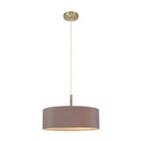 Baymont 5 Light E27 pendant light with a 45cm taupe fabric drum shade, gold interior lining, and antique brass ceiling rose and stem, shown on a plain white background.