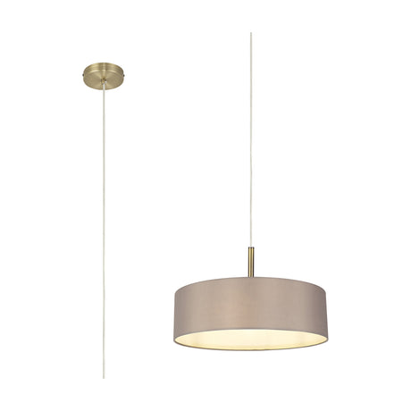 Baymont pendant light with a 45cm grey faux silk drum shade, white lining, and antique brass ceiling plate and stem, shown against a plain white background.
