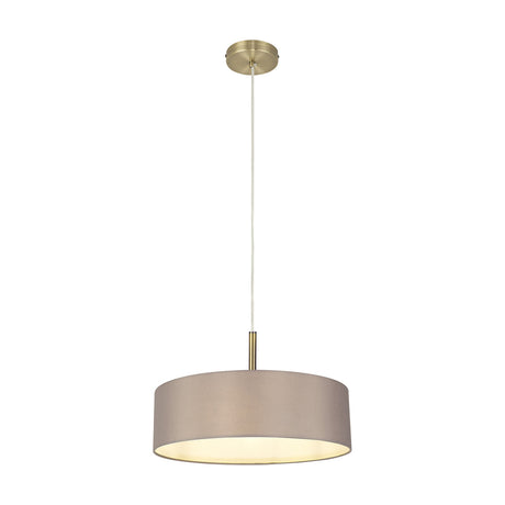 Baymont 5 Light E27 pendant light with a 45cm grey drum shade, white laminate lining, and antique brass ceiling plate, shown on a plain white background.