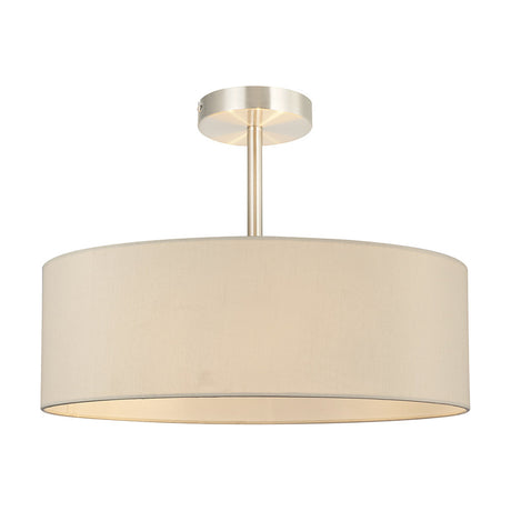 Baymont 5 Light E27 Semi Flush Ceiling Light, a satin nickel fixture with a 45cm ivory faux silk drum shade close to the ceiling, shown on a plain white background.