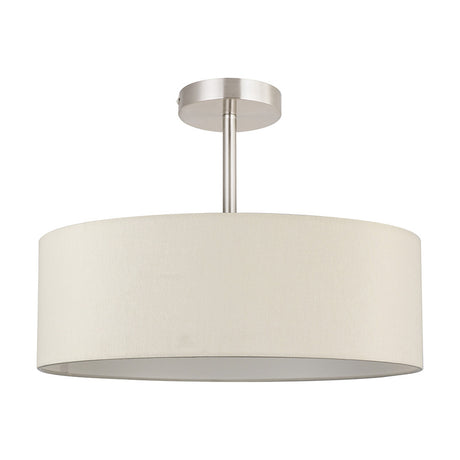 Baymont 5 Light E27 semi-flush ceiling light with a round 45cm ivory faux silk drum shade on a satin nickel frame and stem, shown against a plain white background.