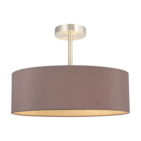 Baymont E27 semi-flush ceiling light with a 45cm taupe drum shade and gold-lined interior on a satin nickel fitting, shown against a plain white background.