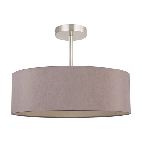 Baymont semi-flush ceiling light with a 45cm taupe drum shade and satin nickel fitting, short rod mount, shown on a plain white background.
