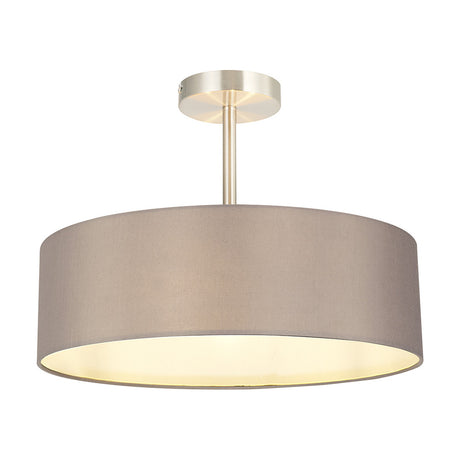 Baymont 5 Light Semi Flush Ceiling Light, 45cm grey fabric drum shade with white lining, satin nickel frame and ceiling rose, shown on a plain white background.