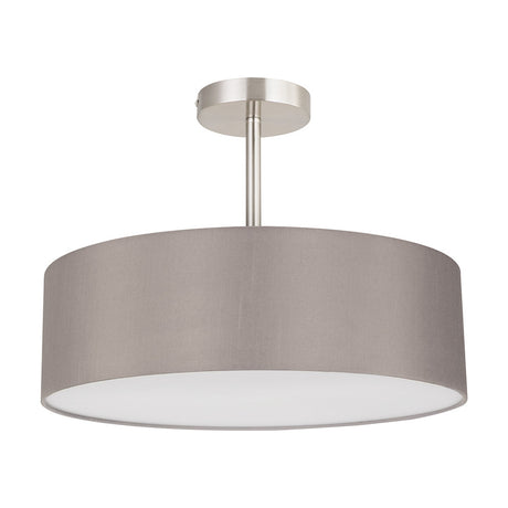 Baymont 5 Light Semi Flush Ceiling Light, 45cm grey faux silk drum shade with white lining and satin nickel fitting, shown on a plain white background.