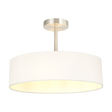 Baymont semi-flush ceiling light with a wide white fabric drum shade on a satin nickel ceiling mount, shown against a plain white background.