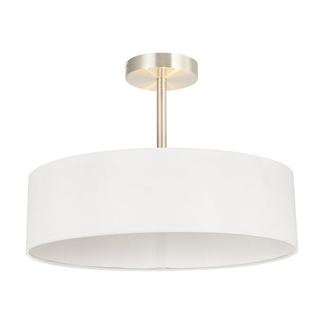 Baymont 5 Light E27 semi-flush ceiling light with a wide white fabric drum shade on a satin nickel stem and ceiling rose, shown on a plain white background.