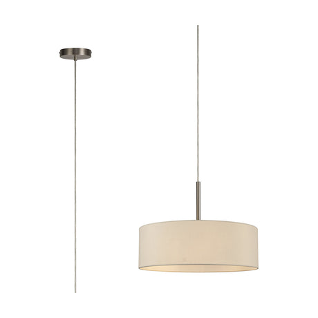 Baymont 5 Light E27 Pendant Light, 45cm ivory pearl drum shade on a satin nickel ceiling rod and fitting, shown against a plain white background.