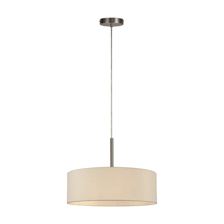 Baymont 5 Light E27 pendant light with a 45cm ivory pearl drum shade and satin nickel fittings, suspended on a slim rod against a plain white background.