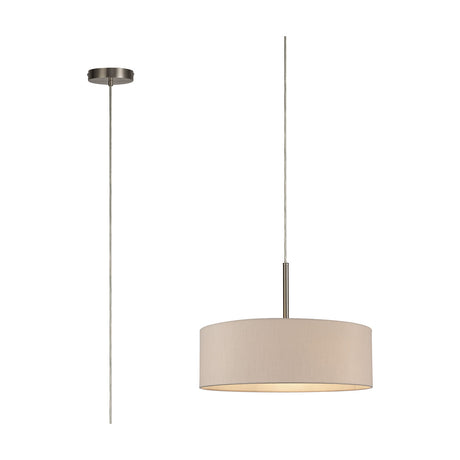 Baymont 5 Light E27 Pendant Light 45cm, a wide drum-shaped fabric shade in nude beige with satin nickel rod and ceiling rose, shown against a plain white background.
