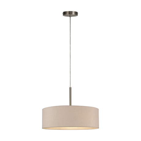 Baymont 5 Light E27 pendant light with a wide 45cm drum shade in nude beige fabric, satin nickel rod and ceiling rose, shown on a plain white background.